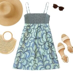 Esprit Y2K Pastel Green & Blue Smocked Floral Sundress Size US 8 Cotton Lined